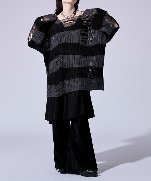 Ellno Loset(エルノロゼット)の「ダメージゆるボーダーニット(ニット/セーター・メンズ・オフホワイト/グレー・SMALL/LARGE/MEDIUM)」の3枚目の写真