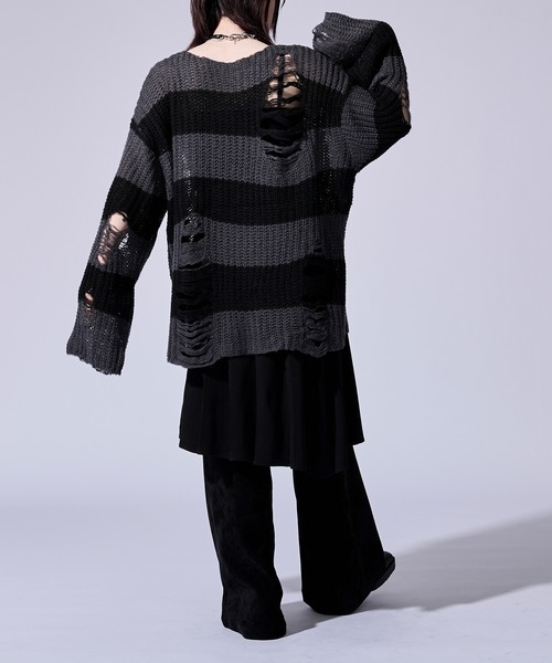 Ellno Loset(エルノロゼット)の「ダメージゆるボーダーニット(ニット/セーター・メンズ・オフホワイト/グレー・SMALL/LARGE/MEDIUM)」の6枚目の写真