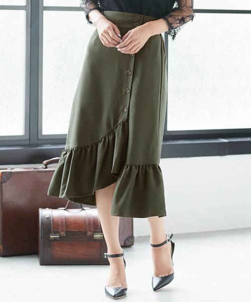 KOBE LETTUCE（コウベレタス）の「女性らしいフリルで大人っぽい秋Styleに！サイドボタンフリルヘムタイトスカート/レディースボトムス[M1935]神戸レタス（スカート・レディース・テラコッタ/カーキ/ブラック/ブラック系その他/ブラウン系その他・FREE）」の5枚目の写真