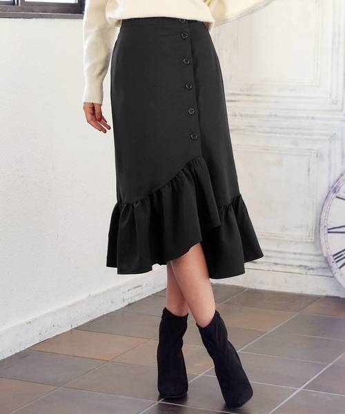 KOBE LETTUCE（コウベレタス）の「女性らしいフリルで大人っぽい秋Styleに！サイドボタンフリルヘムタイトスカート/レディースボトムス[M1935]神戸レタス（スカート・レディース・テラコッタ/カーキ/ブラック/ブラック系その他/ブラウン系その他・FREE）」の2枚目の写真
