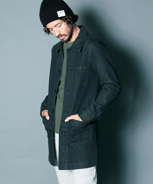 Magine(マージン)の「REACTIVE DYE STRETCH BLK DENIM SHOP COAT:ストレッチブラックデニム ショップコート(ステンカラーコート・メンズ・ブラック・44/46/48)」の2枚目の写真