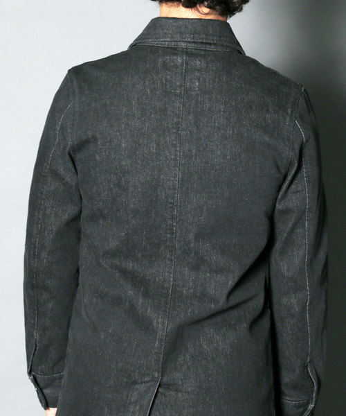 Magine(マージン)の「REACTIVE DYE STRETCH BLK DENIM SHOP COAT:ストレッチブラックデニム ショップコート(ステンカラーコート・メンズ・ブラック・44/46/48)」の12枚目の写真