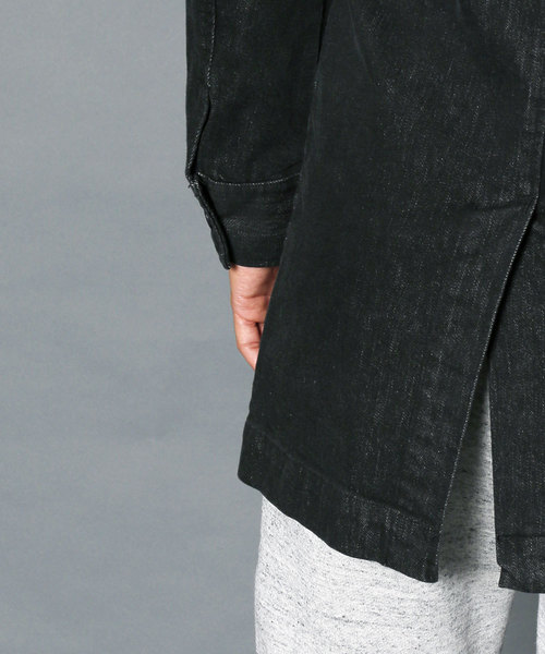 Magine(マージン)の「REACTIVE DYE STRETCH BLK DENIM SHOP COAT:ストレッチブラックデニム ショップコート(ステンカラーコート・メンズ・ブラック・44/46/48)」の14枚目の写真