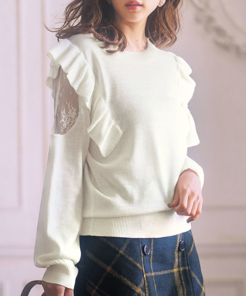GeeRA(ジーラ)の「肩レースフリルニット(ニット/セーター・レディース・ブラック/オフホワイト/ピンク・SMALL/MEDIUM/LARGE/X-LARGE/XX-LARGE)」の2枚目の写真