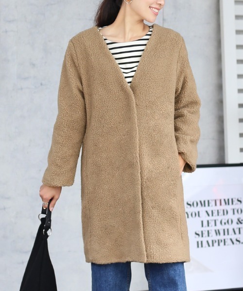 Bou Jeloud（ブージュルード）の「軽くてあったか◆ボアカラーレスコート（その他アウター・レディース・ライトグレー/モカ・38）」の2枚目の写真