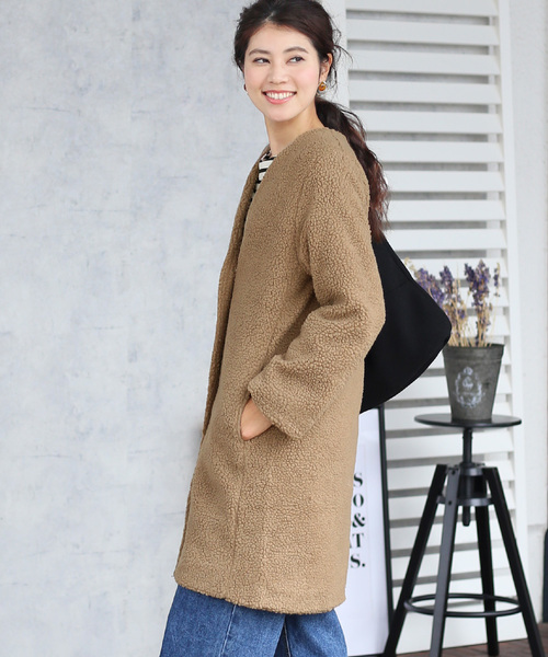 Bou Jeloud（ブージュルード）の「軽くてあったか◆ボアカラーレスコート（その他アウター・レディース・ライトグレー/モカ・38）」の3枚目の写真