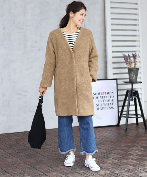 Bou Jeloud（ブージュルード）の「軽くてあったか◆ボアカラーレスコート（その他アウター・レディース・ライトグレー/モカ・38）」の15枚目の写真