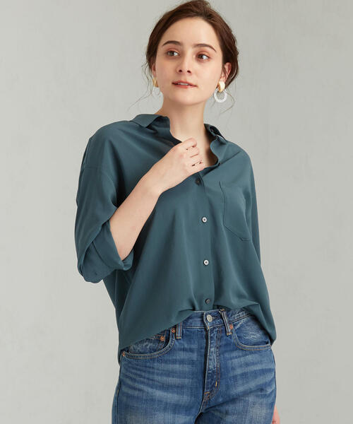 green label relaxing（グリーンレーベルリラクシング）の「FM シルキーデシン シャツ（シャツ/ブラウス・レディース・ダークグリーン/ベージュ/ネイビー・FREE）」の15枚目の写真