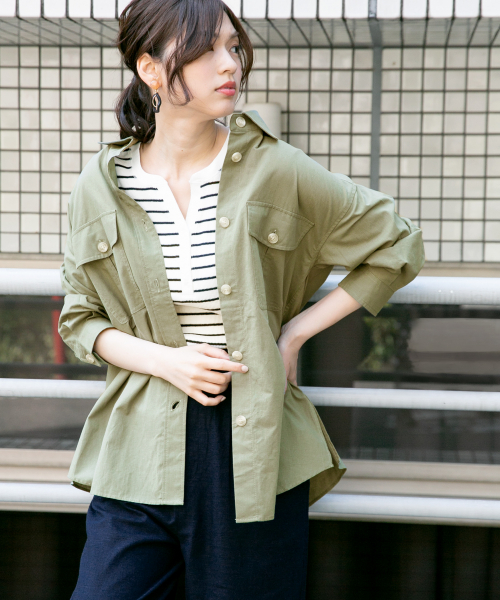 GLOBAL WORK(グローバルワーク)の「コットンリネンCPOシャツ/837592(シャツ/ブラウス・レディース・ベージュ/オフホワイト/カーキ・FREE)」の3枚目の写真