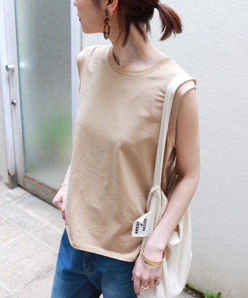 andme(アンドミー)の「コットンストレッチノースリーブTシャツ(Tシャツ/カットソー・レディース・ブラック/オフホワイト/ベージュ/キャメル/カーキ/ネイビー/グレー系その他/ライトブラウン/グレー系その他2/グリーン・M/L)」の6枚目の写真