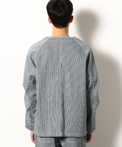 BLUE BLUE ブルーブルー　ヒッコリーストライプ　ノーカラーカバーオール ☆BLUE BLUE ヒッコリーストライプ ノーカラーカバーオール