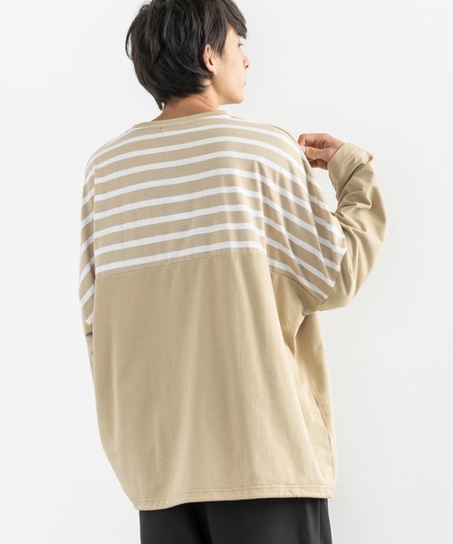 Rocky Monroe（ロッキーモンロー）の「ドロップショルダー ボーダー ストライプ 切替ビッグロンT（Tシャツ/カットソー・メンズ・ベージュ系その他/グリーン系その他/ホワイト系その他/ブラック系その他/ベージュ/ホワイト/ブラック/カーキ・FREE）」の5枚目の写真