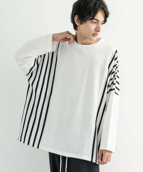 Rocky Monroe（ロッキーモンロー）の「ドロップショルダー ボーダー ストライプ 切替ビッグロンT（Tシャツ/カットソー・メンズ・ベージュ系その他/グリーン系その他/ホワイト系その他/ブラック系その他/ベージュ/ホワイト/ブラック/カーキ・FREE）」の3枚目の写真
