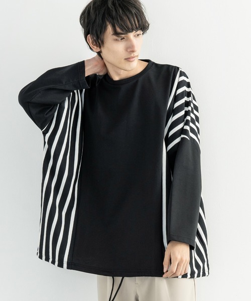 Rocky Monroe（ロッキーモンロー）の「ドロップショルダー ボーダー ストライプ 切替ビッグロンT（Tシャツ/カットソー・メンズ・ベージュ系その他/グリーン系その他/ホワイト系その他/ブラック系その他/ベージュ/ホワイト/ブラック/カーキ・FREE）」の4枚目の写真