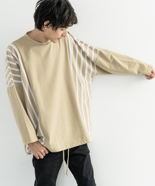 Rocky Monroe（ロッキーモンロー）の「ドロップショルダー ボーダー ストライプ 切替ビッグロンT（Tシャツ/カットソー・メンズ・ベージュ系その他/グリーン系その他/ホワイト系その他/ブラック系その他/ベージュ/ホワイト/ブラック/カーキ・FREE）」の6枚目の写真