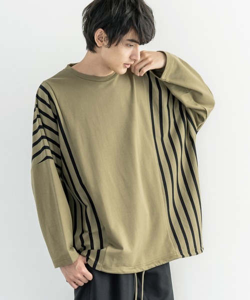 Rocky Monroe（ロッキーモンロー）の「ドロップショルダー ボーダー ストライプ 切替ビッグロンT（Tシャツ/カットソー・メンズ・ベージュ系その他/グリーン系その他/ホワイト系その他/ブラック系その他/ベージュ/ホワイト/ブラック/カーキ・FREE）」の8枚目の写真