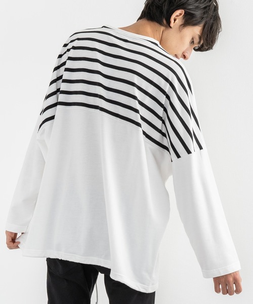 Rocky Monroe（ロッキーモンロー）の「ドロップショルダー ボーダー ストライプ 切替ビッグロンT（Tシャツ/カットソー・メンズ・ベージュ系その他/グリーン系その他/ホワイト系その他/ブラック系その他/ベージュ/ホワイト/ブラック/カーキ・FREE）」の2枚目の写真