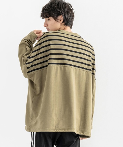 Rocky Monroe（ロッキーモンロー）の「ドロップショルダー ボーダー ストライプ 切替ビッグロンT（Tシャツ/カットソー・メンズ・ベージュ系その他/グリーン系その他/ホワイト系その他/ブラック系その他/ベージュ/ホワイト/ブラック/カーキ・FREE）」の7枚目の写真