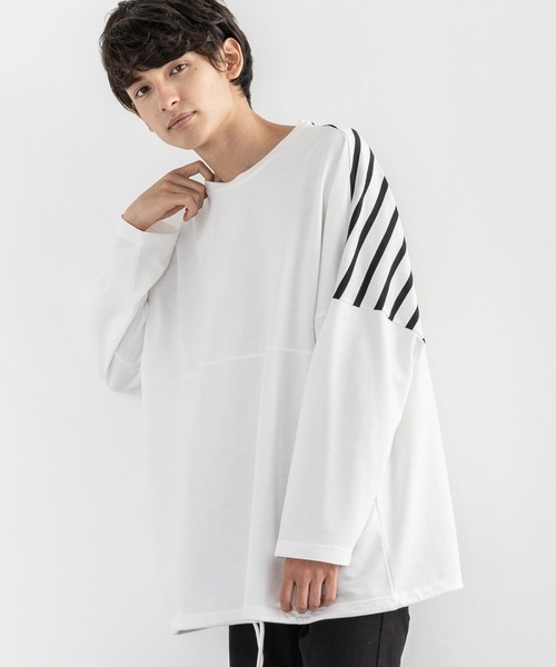 Rocky Monroe（ロッキーモンロー）の「ドロップショルダー ボーダー ストライプ 切替ビッグロンT（Tシャツ/カットソー・メンズ・ベージュ系その他/グリーン系その他/ホワイト系その他/ブラック系その他/ベージュ/ホワイト/ブラック/カーキ・FREE）」の9枚目の写真