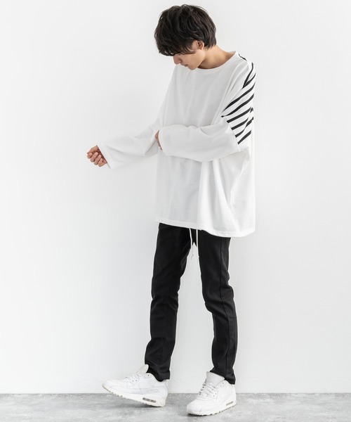 Rocky Monroe（ロッキーモンロー）の「ドロップショルダー ボーダー ストライプ 切替ビッグロンT（Tシャツ/カットソー・メンズ・ベージュ系その他/グリーン系その他/ホワイト系その他/ブラック系その他/ベージュ/ホワイト/ブラック/カーキ・FREE）」の10枚目の写真
