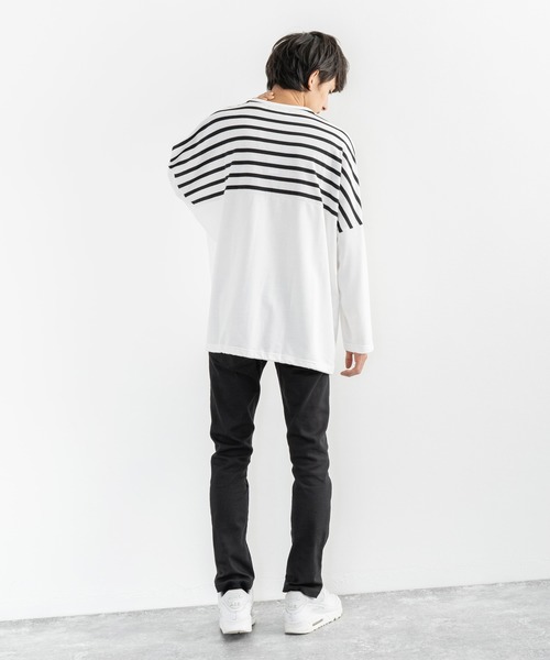 Rocky Monroe（ロッキーモンロー）の「ドロップショルダー ボーダー ストライプ 切替ビッグロンT（Tシャツ/カットソー・メンズ・ベージュ系その他/グリーン系その他/ホワイト系その他/ブラック系その他/ベージュ/ホワイト/ブラック/カーキ・FREE）」の11枚目の写真