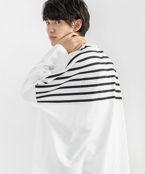 Rocky Monroe（ロッキーモンロー）の「ドロップショルダー ボーダー ストライプ 切替ビッグロンT（Tシャツ/カットソー・メンズ・ベージュ系その他/グリーン系その他/ホワイト系その他/ブラック系その他/ベージュ/ホワイト/ブラック/カーキ・FREE）」の12枚目の写真