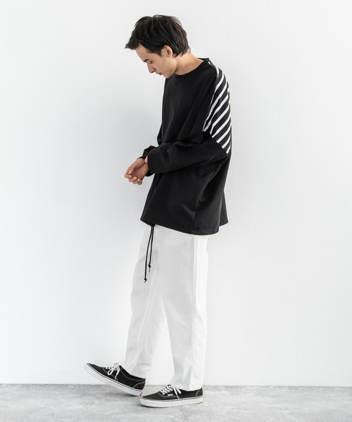 Rocky Monroe（ロッキーモンロー）の「ドロップショルダー ボーダー ストライプ 切替ビッグロンT（Tシャツ/カットソー・メンズ・ベージュ系その他/グリーン系その他/ホワイト系その他/ブラック系その他/ベージュ/ホワイト/ブラック/カーキ・FREE）」の14枚目の写真