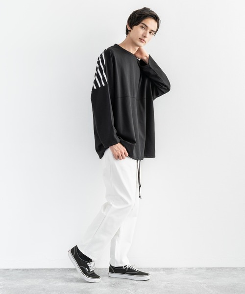 Rocky Monroe（ロッキーモンロー）の「ドロップショルダー ボーダー ストライプ 切替ビッグロンT（Tシャツ/カットソー・メンズ・ベージュ系その他/グリーン系その他/ホワイト系その他/ブラック系その他/ベージュ/ホワイト/ブラック/カーキ・FREE）」の15枚目の写真