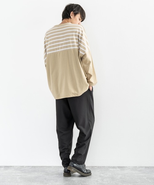 Rocky Monroe（ロッキーモンロー）の「ドロップショルダー ボーダー ストライプ 切替ビッグロンT（Tシャツ/カットソー・メンズ・ベージュ系その他/グリーン系その他/ホワイト系その他/ブラック系その他/ベージュ/ホワイト/ブラック/カーキ・FREE）」の18枚目の写真
