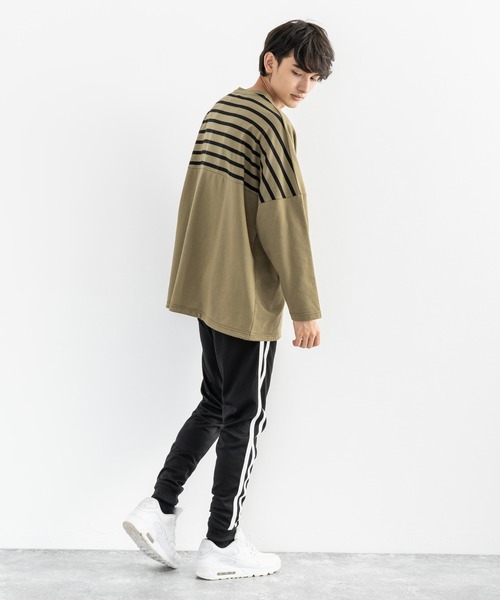 Rocky Monroe（ロッキーモンロー）の「ドロップショルダー ボーダー ストライプ 切替ビッグロンT（Tシャツ/カットソー・メンズ・ベージュ系その他/グリーン系その他/ホワイト系その他/ブラック系その他/ベージュ/ホワイト/ブラック/カーキ・FREE）」の22枚目の写真