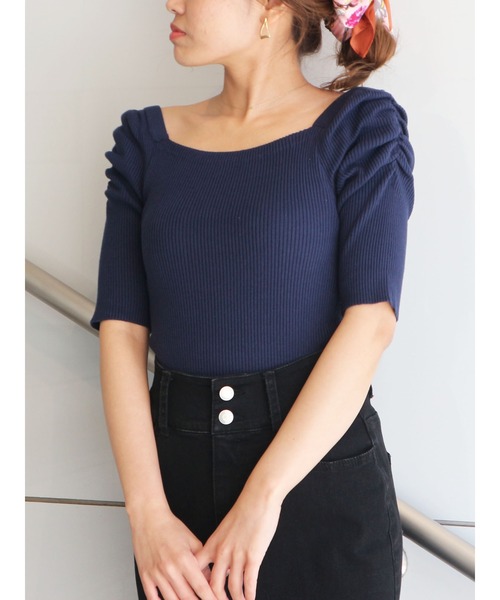 ROYAL PARTY（ロイヤルパーティー）の「【エコヴェロ】洗えるニットスクエアネック半袖トップス（ニット/セーター・レディース・グリーン/ネイビー/オフホワイト/ブルー/ピンク/ブラック/ブラック系その他/マルチ/ベージュ/ホワイト系その他2・FREE）」の8枚目の写真