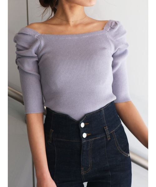 ROYAL PARTY（ロイヤルパーティー）の「【エコヴェロ】洗えるニットスクエアネック半袖トップス（ニット/セーター・レディース・グリーン/ネイビー/オフホワイト/ブルー/ピンク/ブラック/ブラック系その他/マルチ/ベージュ/ホワイト系その他2・FREE）」の9枚目の写真