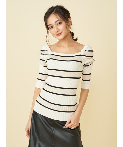 ROYAL PARTY（ロイヤルパーティー）の「【エコヴェロ】洗えるニットスクエアネック半袖トップス（ニット/セーター・レディース・グリーン/ネイビー/オフホワイト/ブルー/ピンク/ブラック/ブラック系その他/マルチ/ベージュ/ホワイト系その他2・FREE）」の16枚目の写真