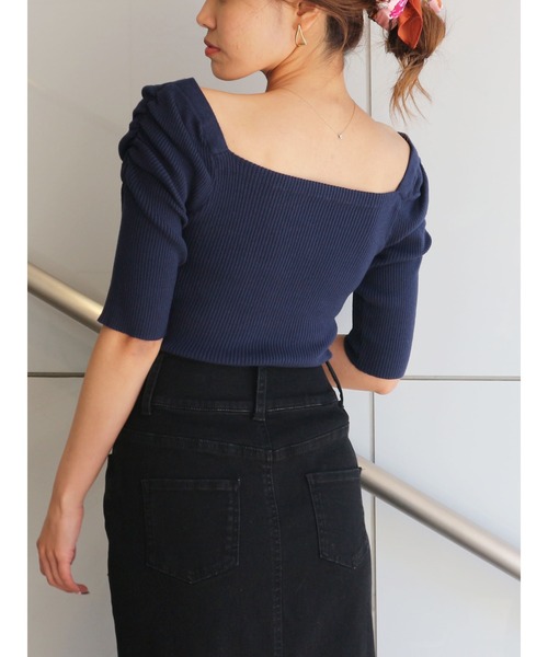 ROYAL PARTY（ロイヤルパーティー）の「【エコヴェロ】洗えるニットスクエアネック半袖トップス（ニット/セーター・レディース・グリーン/ネイビー/オフホワイト/ブルー/ピンク/ブラック/ブラック系その他/マルチ/ベージュ/ホワイト系その他2・FREE）」の19枚目の写真