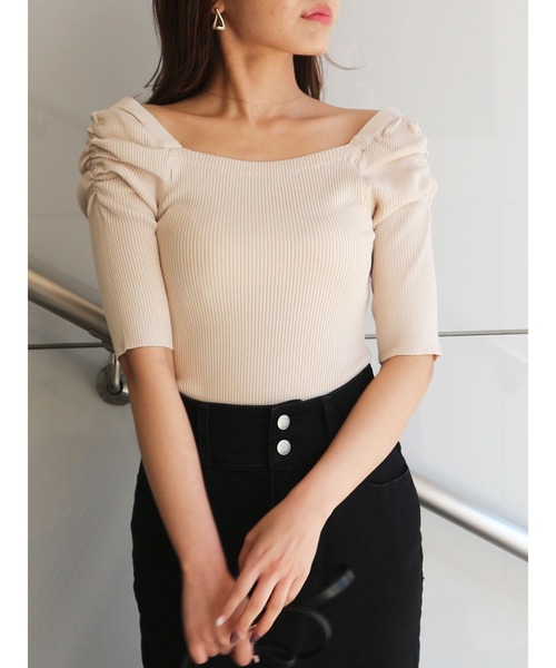 ROYAL PARTY（ロイヤルパーティー）の「【エコヴェロ】洗えるニットスクエアネック半袖トップス（ニット/セーター・レディース・グリーン/ネイビー/オフホワイト/ブルー/ピンク/ブラック/ブラック系その他/マルチ/ベージュ/ホワイト系その他2・FREE）」の21枚目の写真