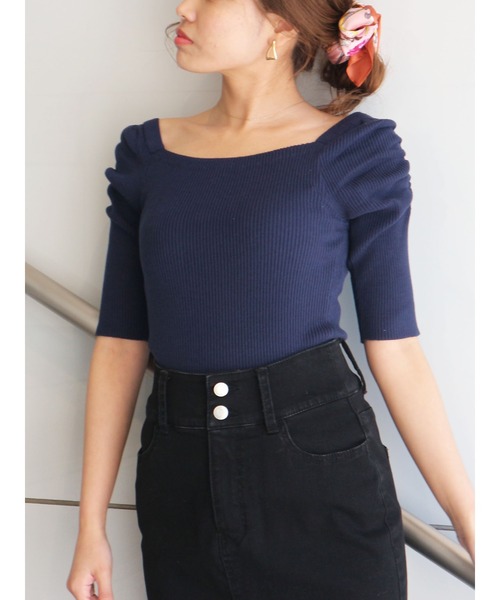 ROYAL PARTY（ロイヤルパーティー）の「【エコヴェロ】洗えるニットスクエアネック半袖トップス（ニット/セーター・レディース・グリーン/ネイビー/オフホワイト/ブルー/ピンク/ブラック/ブラック系その他/マルチ/ベージュ/ホワイト系その他2・FREE）」の20枚目の写真