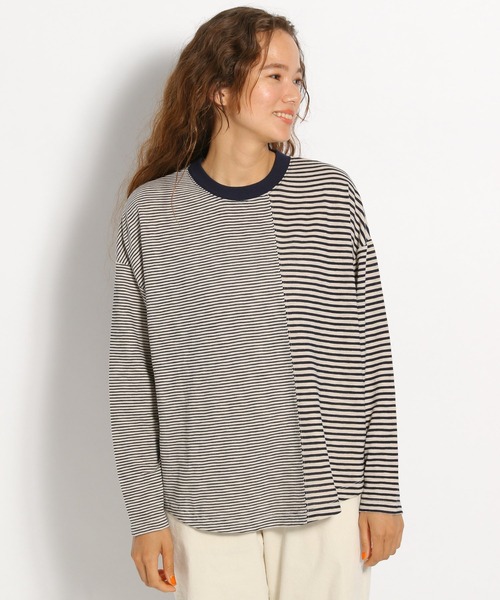 niko and...(ニコアンド)の「ミックスボーダーリンガーロンT(Tシャツ/カットソー・レディース・ネイビー/ブルー/ベージュ・MEDIUM/LARGE)」の6枚目の写真