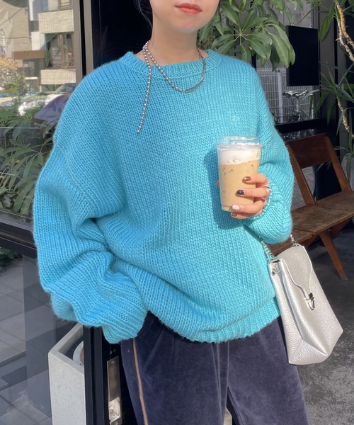 WHO'S WHO gallery（フーズフーギャラリー）の「ロービングカラーニット（ニット/セーター・レディース・パープル/グリーン/ピンク/サックスブルー・FREE）」の6枚目の写真