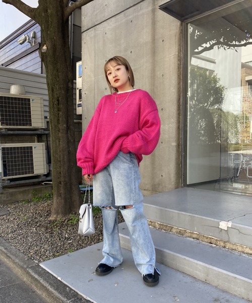 WHO'S WHO gallery（フーズフーギャラリー）の「ロービングカラーニット（ニット/セーター・レディース・パープル/グリーン/ピンク/サックスブルー・FREE）」の19枚目の写真