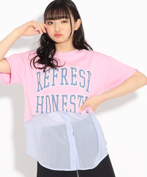 PINK-latte（ピンクラテ）の「◆透けストライプレイヤード風Tシャツ（Tシャツ/カットソー・キッズ・ピンク系/チャコールグレー/オフホワイト/レモンイエロー・15 /14/16）」の4枚目の写真