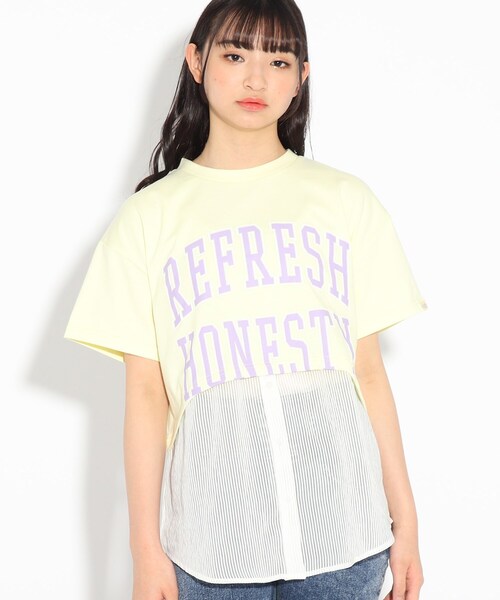 PINK-latte（ピンクラテ）の「◆透けストライプレイヤード風Tシャツ（Tシャツ/カットソー・キッズ・ピンク系/チャコールグレー/オフホワイト/レモンイエロー・15 /14/16）」の5枚目の写真