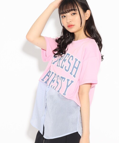 PINK-latte（ピンクラテ）の「◆透けストライプレイヤード風Tシャツ（Tシャツ/カットソー・キッズ・ピンク系/チャコールグレー/オフホワイト/レモンイエロー・15 /14/16）」の18枚目の写真