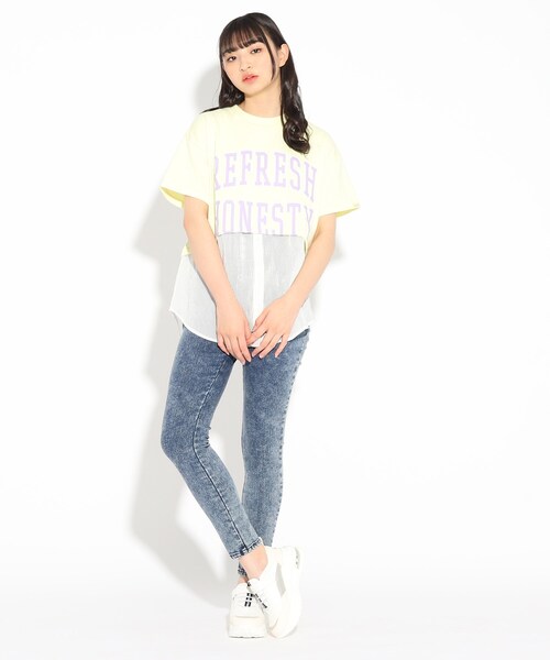 PINK-latte（ピンクラテ）の「◆透けストライプレイヤード風Tシャツ（Tシャツ/カットソー・キッズ・ピンク系/チャコールグレー/オフホワイト/レモンイエロー・15 /14/16）」の16枚目の写真