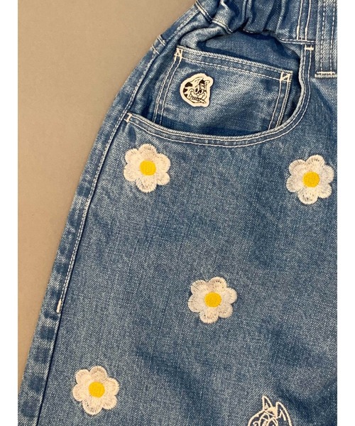 イエロー刺繍ダークブルーデニムパンツ オンライン ストアファッション