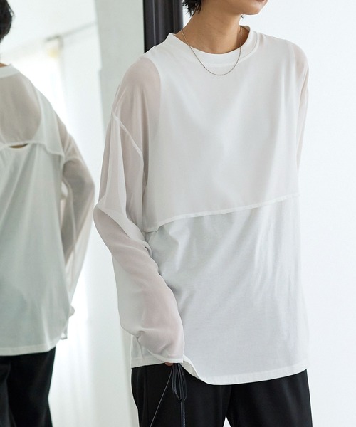 KOBE LETTUCE(コウベレタス)の「シアースリーブバックシャンレイヤード風トップス(Tシャツ/カットソー・レディース・オリーブ/オフホワイト/ブラック・FREE)」の2枚目の写真