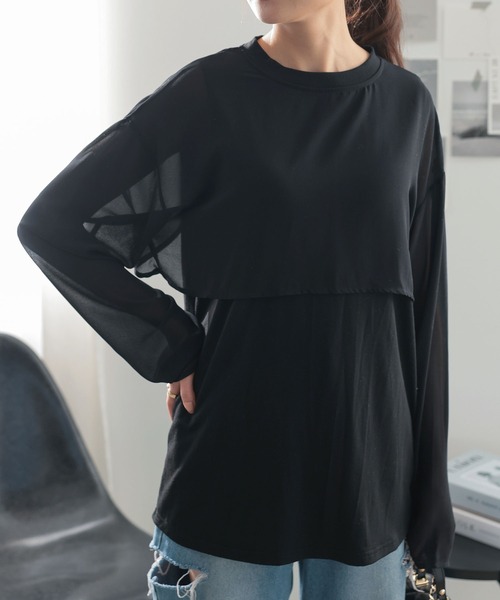 KOBE LETTUCE(コウベレタス)の「シアースリーブバックシャンレイヤード風トップス(Tシャツ/カットソー・レディース・オリーブ/オフホワイト/ブラック・FREE)」の3枚目の写真