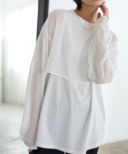 KOBE LETTUCE(コウベレタス)の「シアースリーブバックシャンレイヤード風トップス(Tシャツ/カットソー・レディース・オリーブ/オフホワイト/ブラック・FREE)」の4枚目の写真