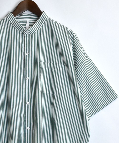 おしゃれスタ（オシャレスタ）の「ブロード バンドカラービッグ半袖シャツ【IR】（シャツ/ブラウス・メンズ・ホワイト/グレイッシュベージュ/サックスブルー/イエロー系その他/ブルー系その他/ブラック/パープル系その他/ブラック系その他/グリーン系その他/ホワイト系その他/グリーン・M/XL/L）」の8枚目の写真