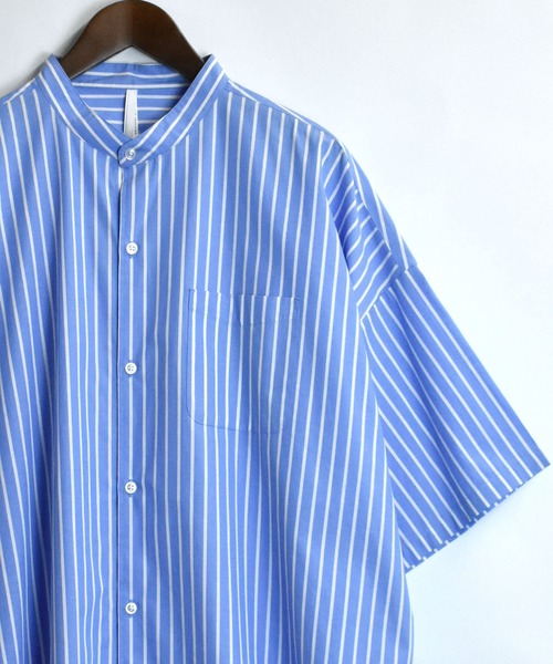 おしゃれスタ（オシャレスタ）の「ブロード バンドカラービッグ半袖シャツ【IR】（シャツ/ブラウス・メンズ・ホワイト/グレイッシュベージュ/サックスブルー/イエロー系その他/ブルー系その他/ブラック/パープル系その他/ブラック系その他/グリーン系その他/ホワイト系その他/グリーン・M/XL/L）」の10枚目の写真