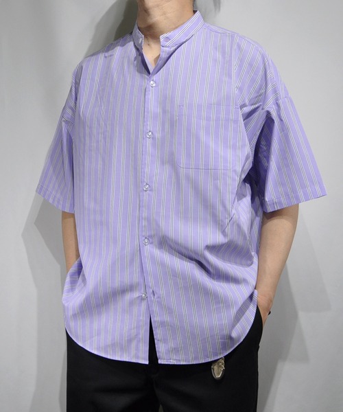 おしゃれスタ（オシャレスタ）の「ブロード バンドカラービッグ半袖シャツ【IR】（シャツ/ブラウス・メンズ・ホワイト/グレイッシュベージュ/サックスブルー/イエロー系その他/ブルー系その他/ブラック/パープル系その他/ブラック系その他/グリーン系その他/ホワイト系その他/グリーン・M/XL/L）」の11枚目の写真